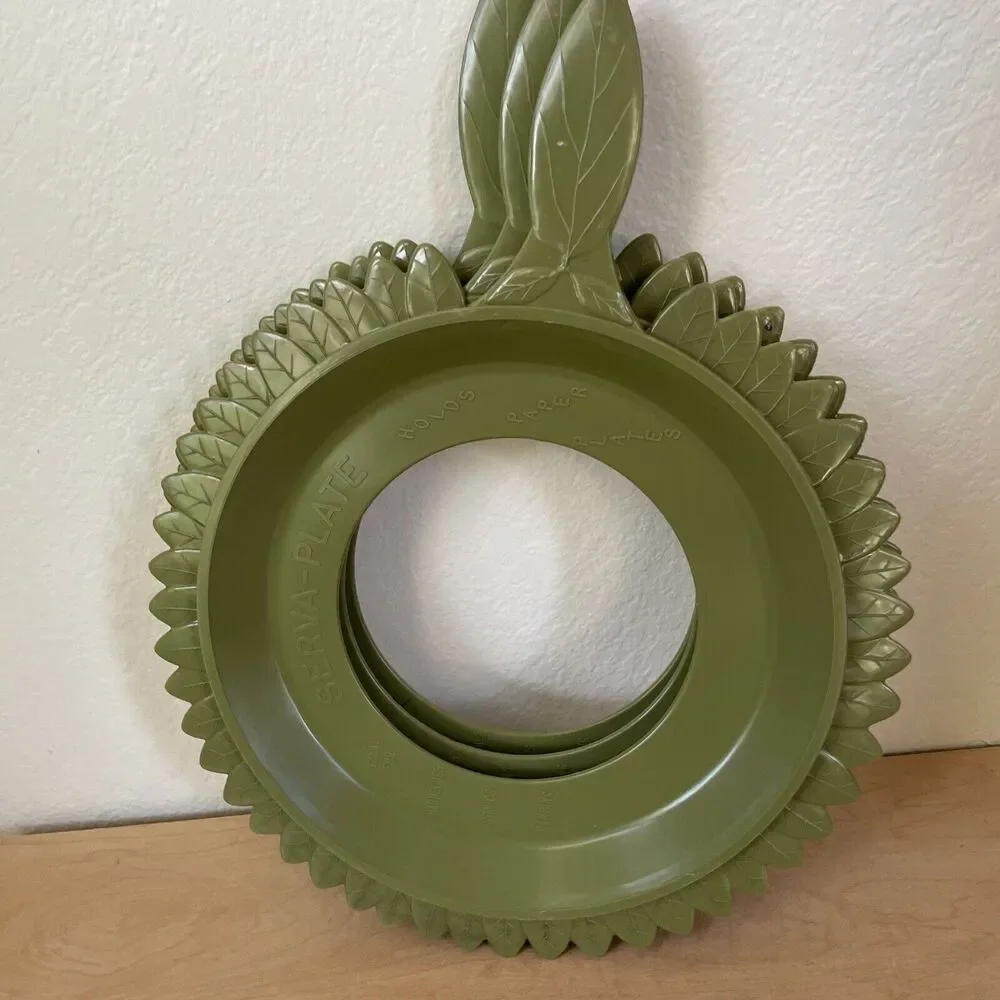 4 Vintage‎ SERVA-PLATE Plastic Paper Plate Holders GREEN Flower Picnic Camping
